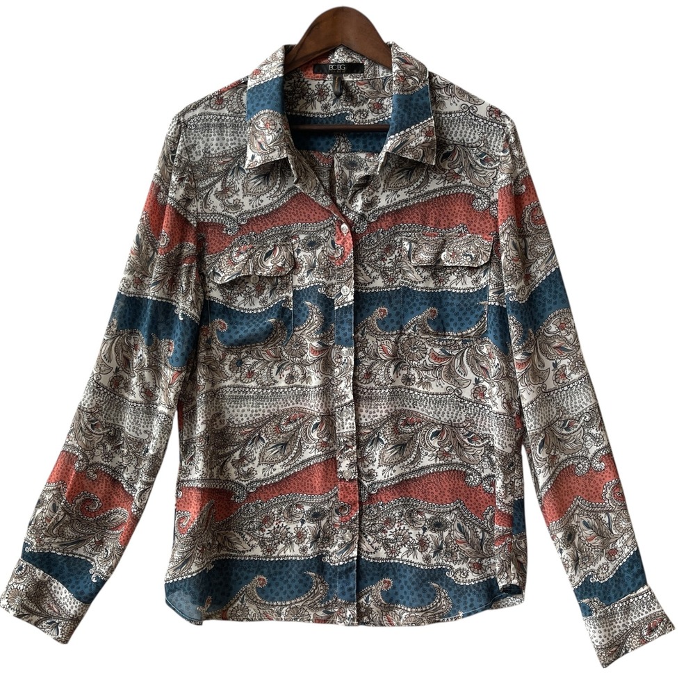BCBG Paris Paisley Print Button Down Long Sleeve Shirt Women's L